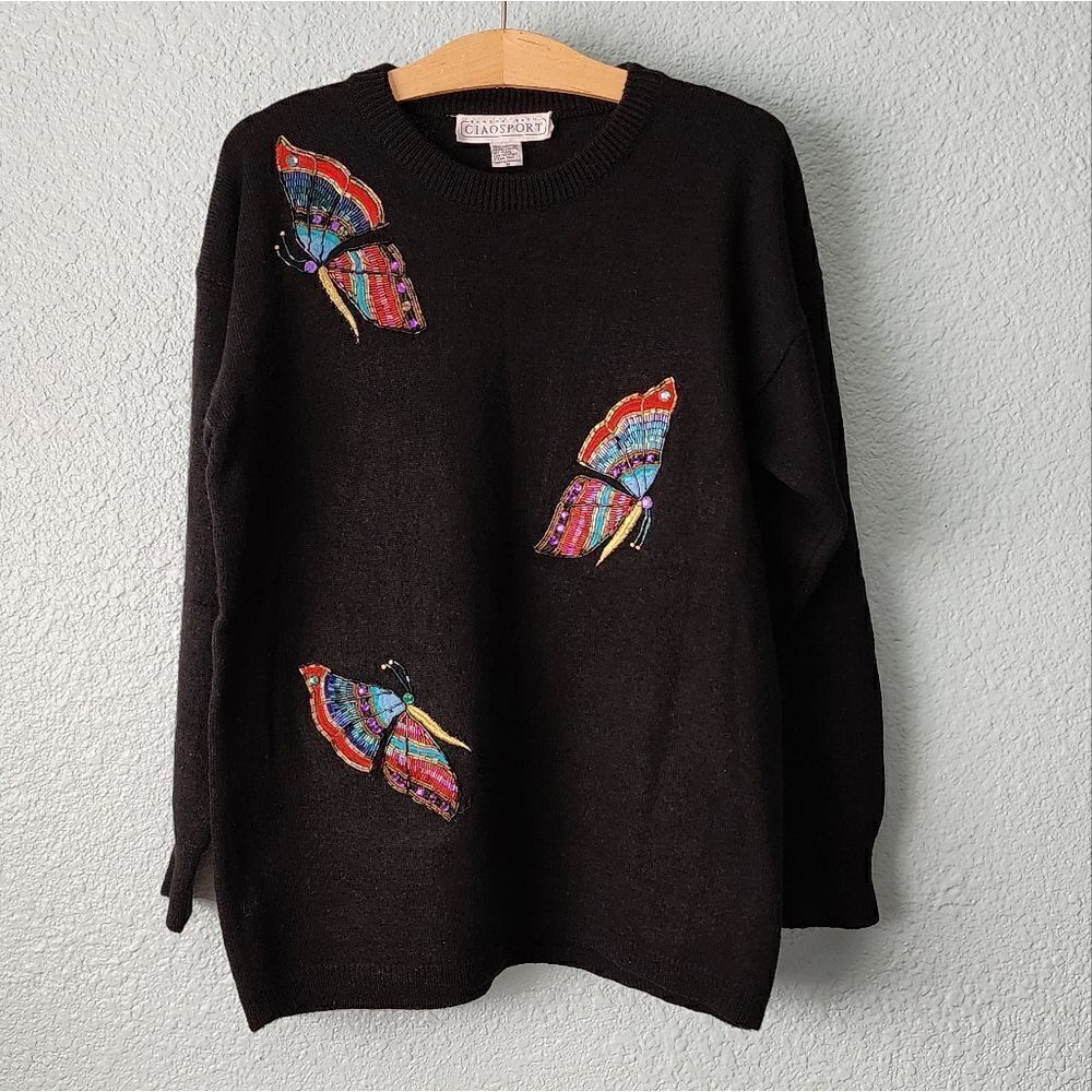 Sandra Roth ciaosport lambs wool vintage embellish butterfly beads sweater